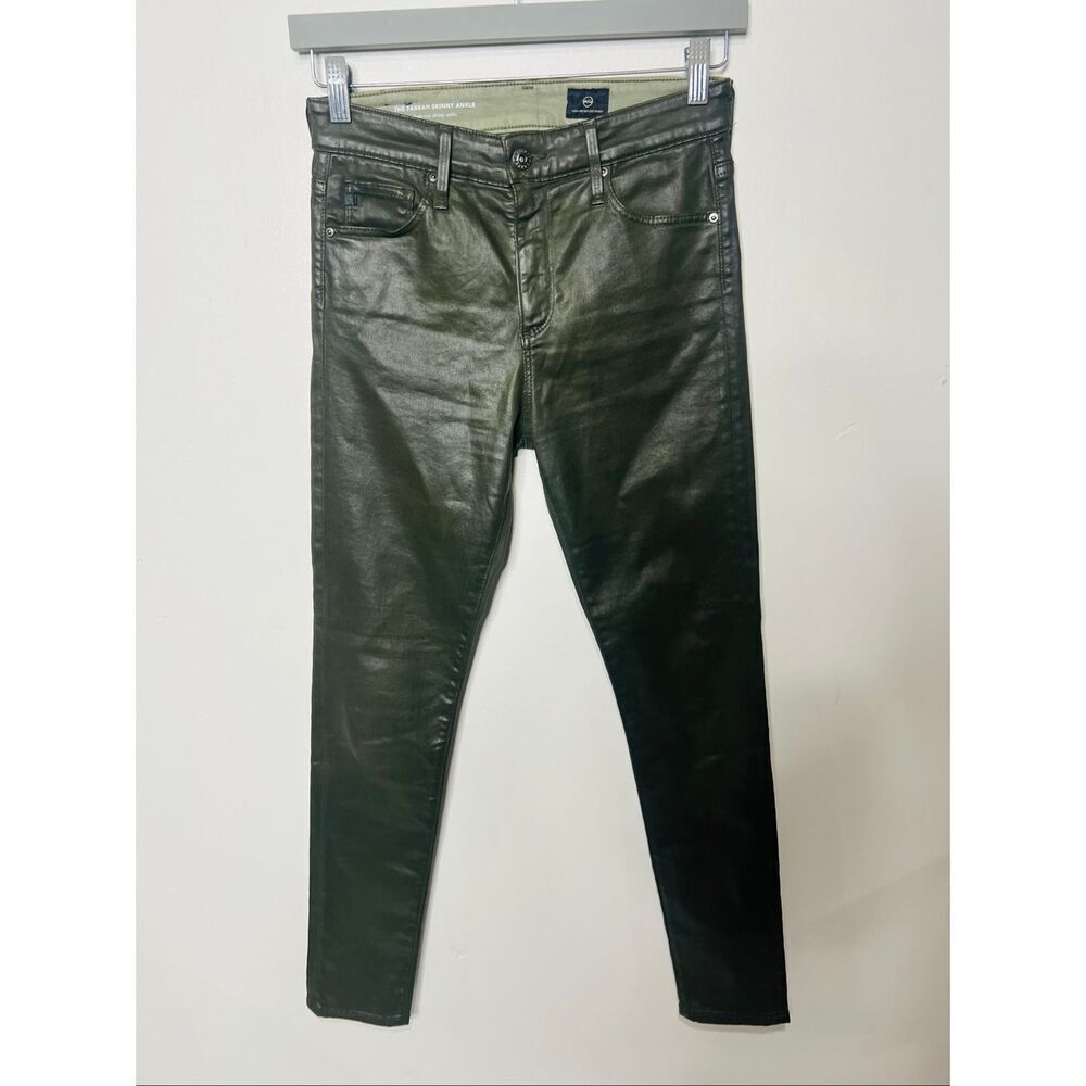 AG The Farrah Skinny Ankle Lt Shady Moss Green Coated Jeans HIgh Rise 27R